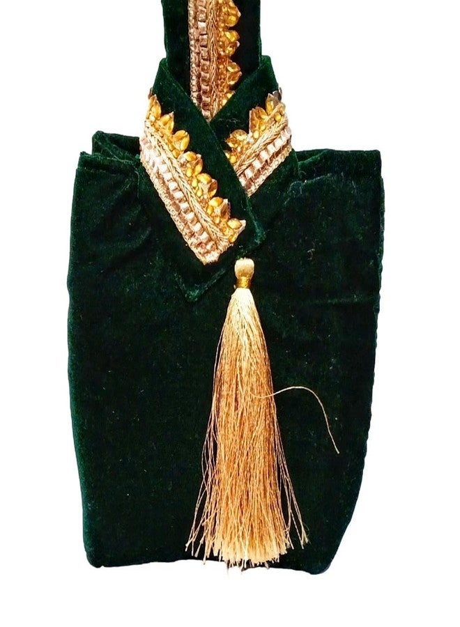 athizay Ethnic Handbags for Women Royal Gold Green Velvet potli bags Handcrafted Small Purses and Pouches - Image 2